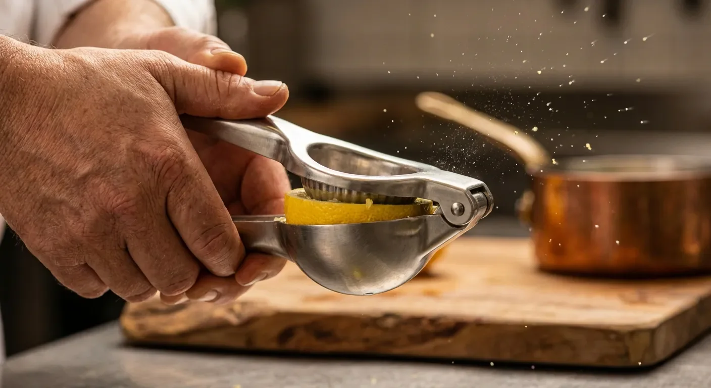 Mains d'un chef utilisant un presse-agrumes en inox pour extraire le jus d'un citron.