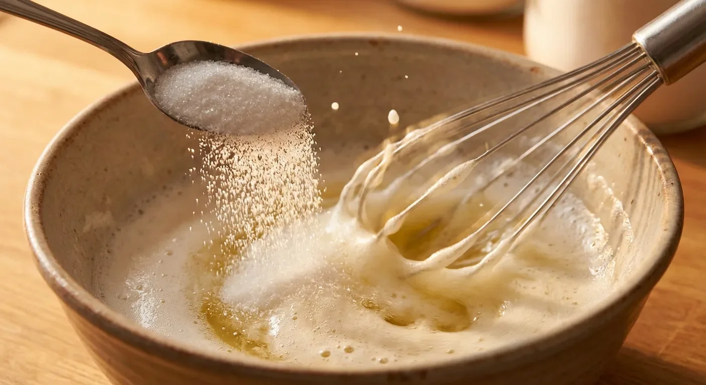 Gros plan sur l'ajout de sucre dans une préparation de blancs d'oeufs en mouvement.