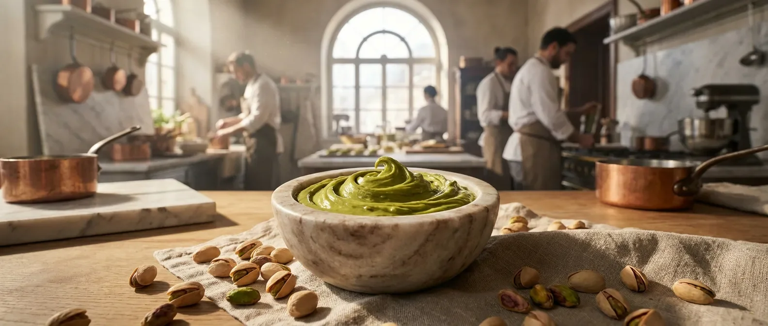 Pâte de pistache de luxe coulante dans un bol en marbre avec pistaches entières