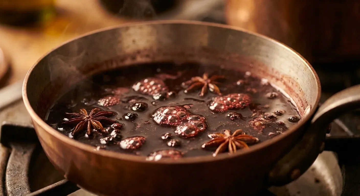 Réduction de vin rouge aux aromates en gros plan