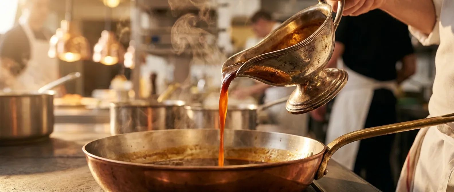 Sauce onctueuse et brillante versée dans une poêle en cuivre en cuisine professionnelle