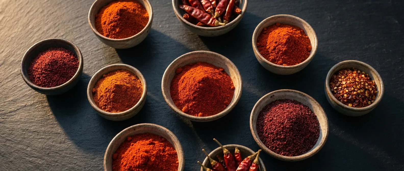 Variété d'épices rouges et piments disposés sur une table en ardoise pour remplacer le paprika
