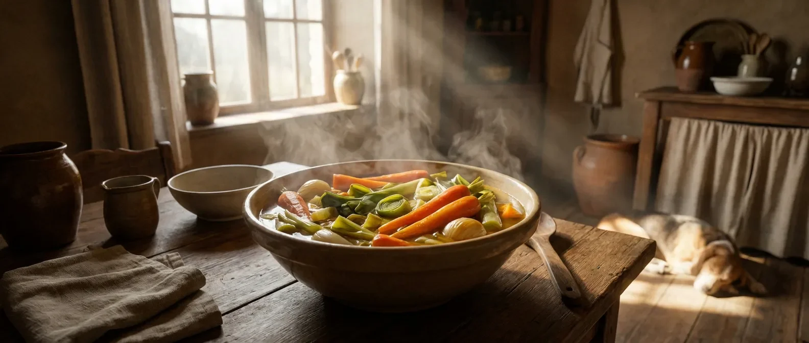 Légumes de bouillon fumants dans un bol en céramique sur une table rustique