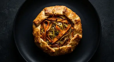 Une galette de légumes croustillante sur fond sombre