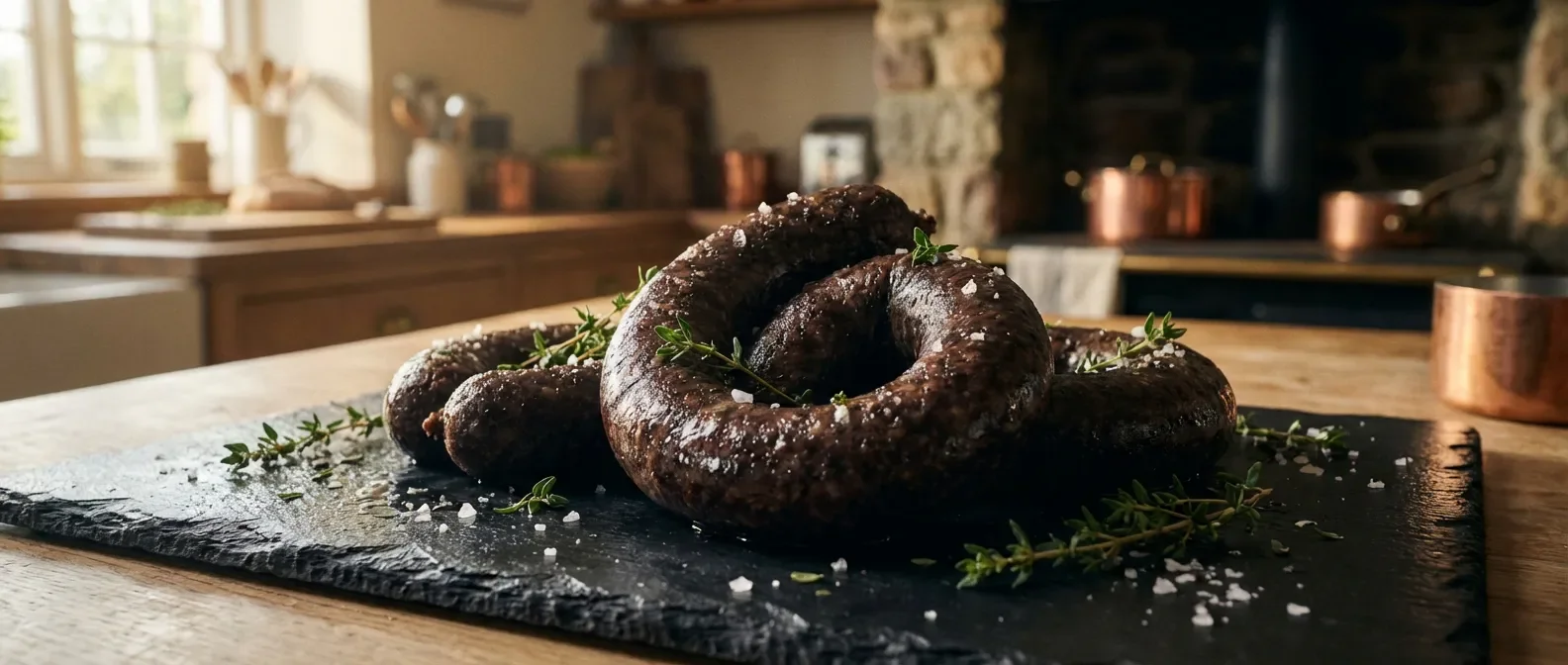 Boudin noir frais disposé sur une ardoise avec des herbes aromatiques, photographie culinaire professionnelle