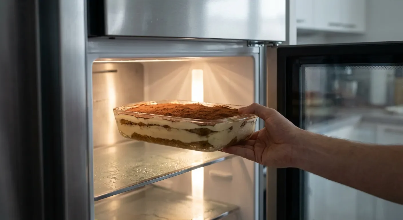 Rangement d'un tiramisu dans un réfrigérateur moderne pour une conservation optimale.