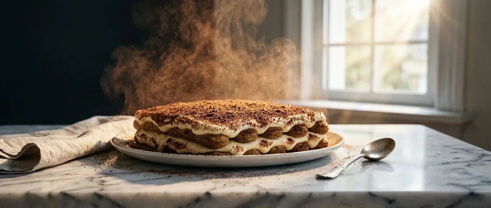 Un magnifique tiramisu maison saupoudré de cacao sur un plan de travail en marbre, éclairage naturel cinématographique.