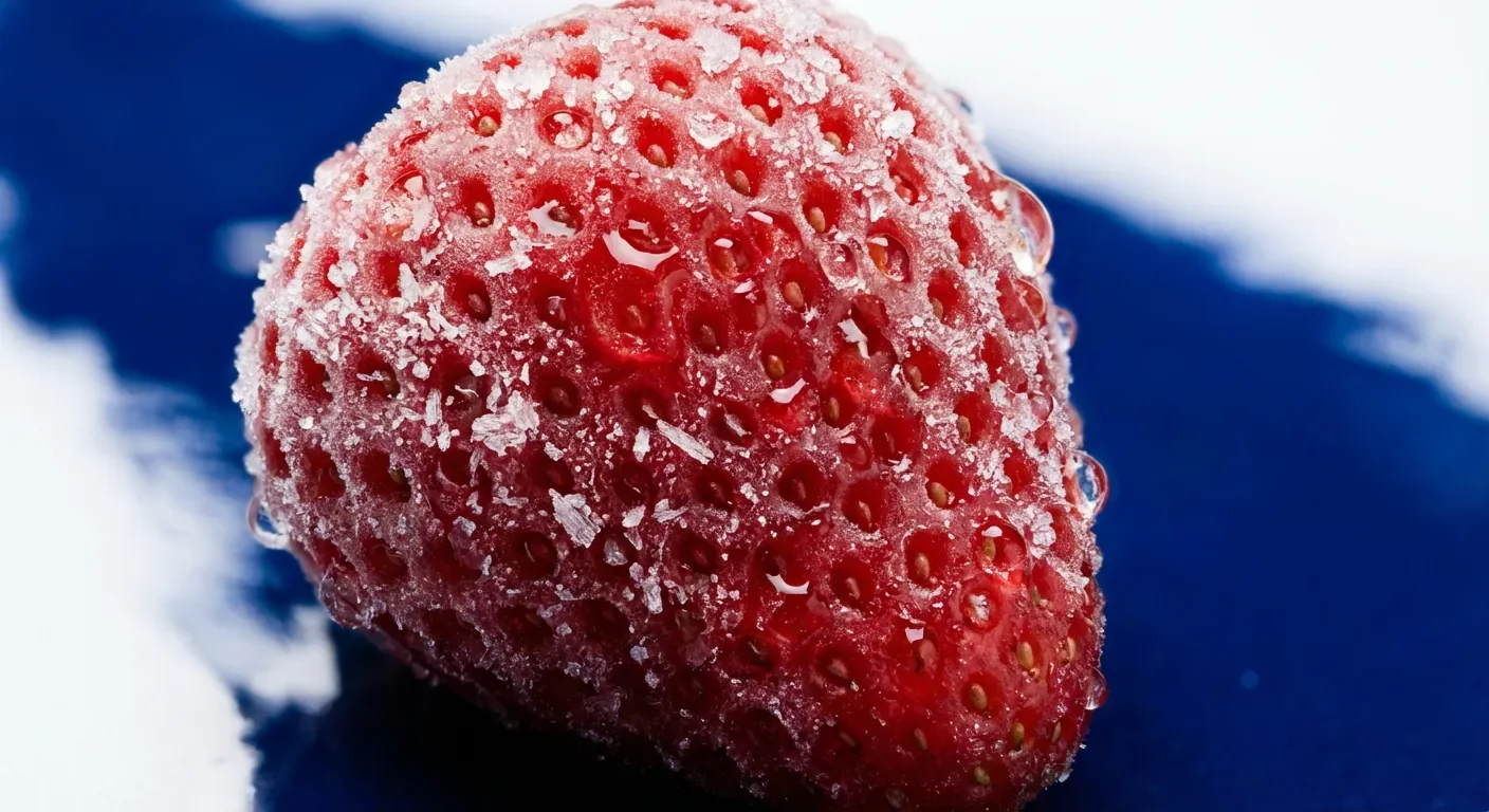 Congélateur mal fermé : faut il tout jeter ? Gros plan d'une fraise surgelée en train de décongeler avec des gouttelettes d'eau
