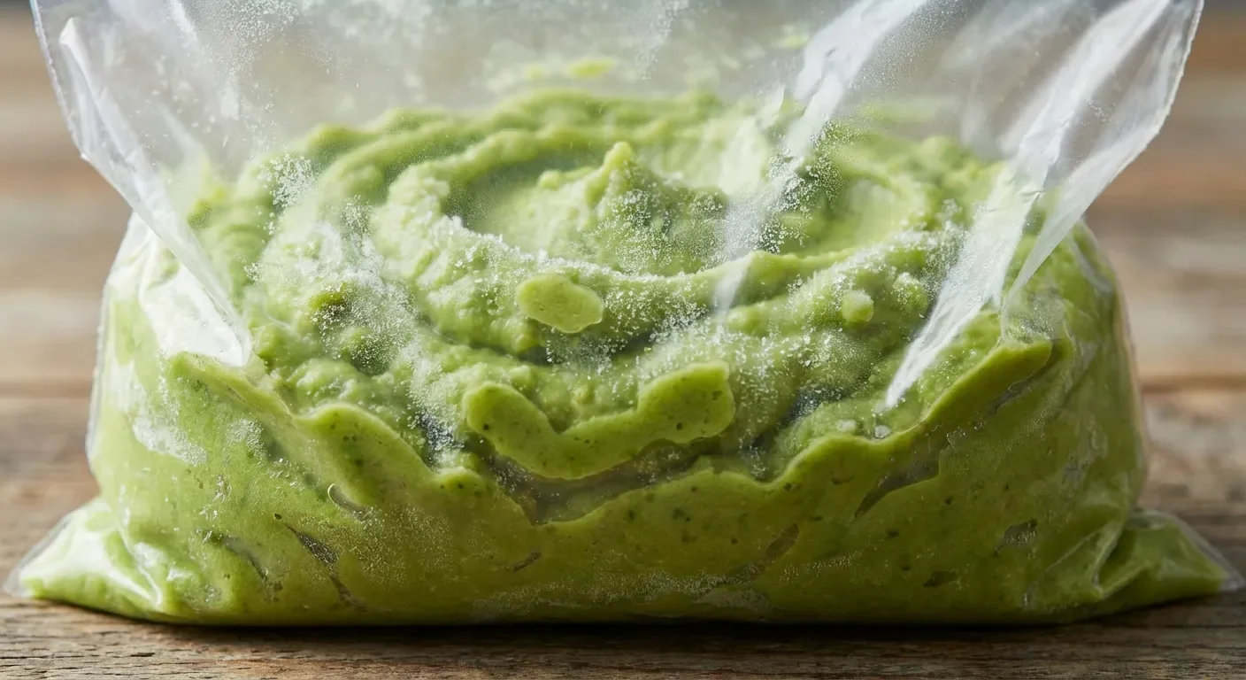 Détail macro de la texture d'un guacamole congelé préservant sa couleur verte