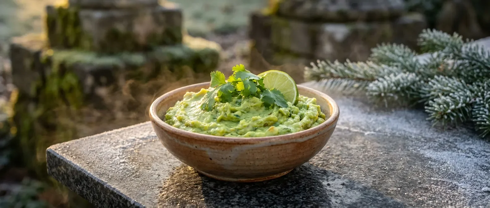 Un bol de guacamole vert éclatant sur une table en pierre sombre avec un éclairage cinématographique