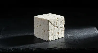Gros plan minimaliste d'un cube de feta sur fond d'ardoise