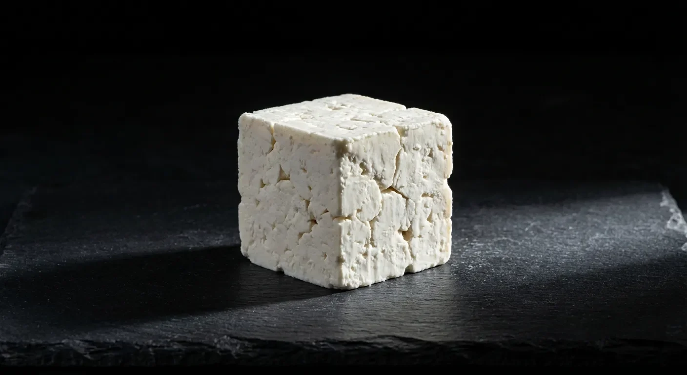 Peut-on congeler de la feta ? Guide et astuces pratiques Gros plan minimaliste d'un cube de feta sur fond d'ardoise