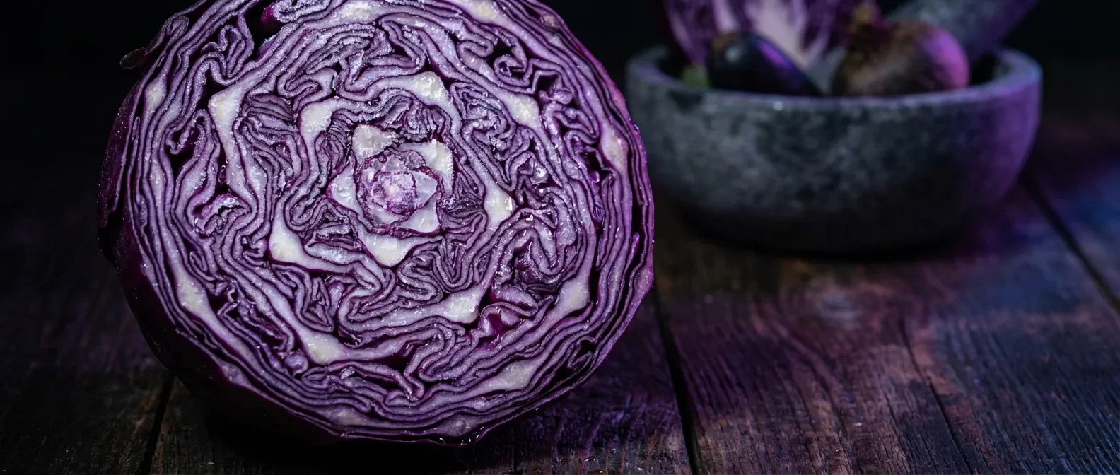 Gros plan artistique d'un chou rouge givré montrant ses textures internes détaillées.