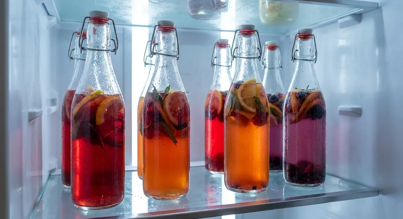 Bouteilles de punch conservées au frais dans un réfrigérateur moderne