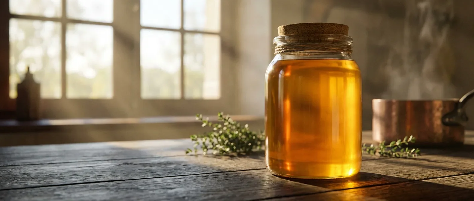 Bocal en verre de graisse de canard dorée sur une table en bois rustique dans une cuisine ensoleillée