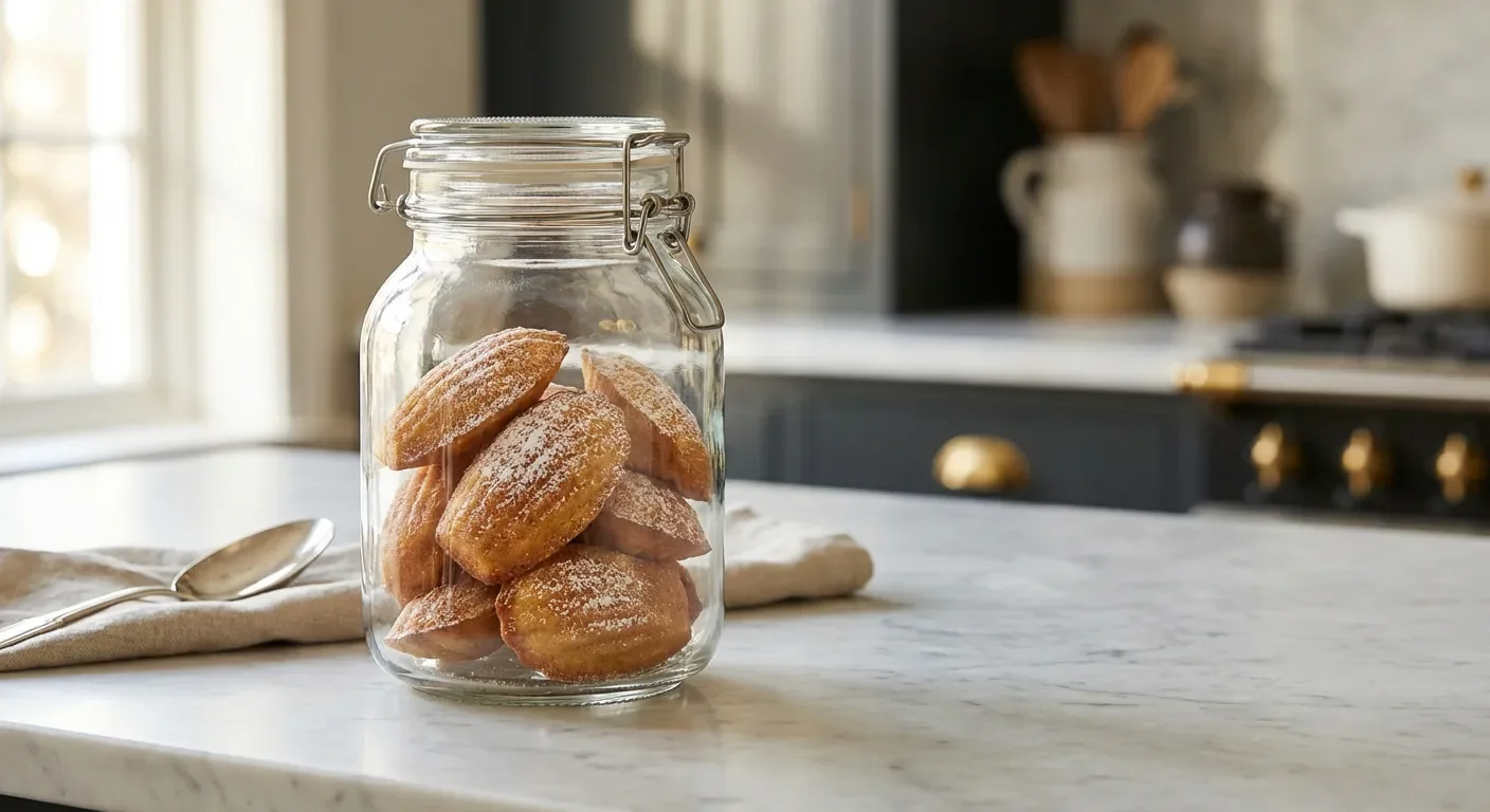 Madeleines conservées dans un bocal en verre hermétique sur un plan de travail en marbre