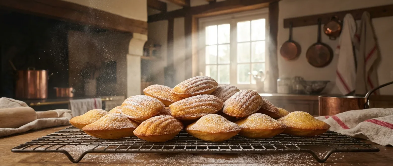 Madeleines maison dorées sur une grille de refroidissement sous une lumière matinale