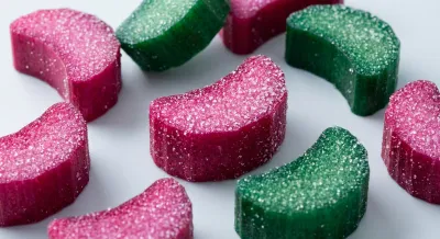 Gros plan de morceaux de rhubarbe surgelés sur fond clair