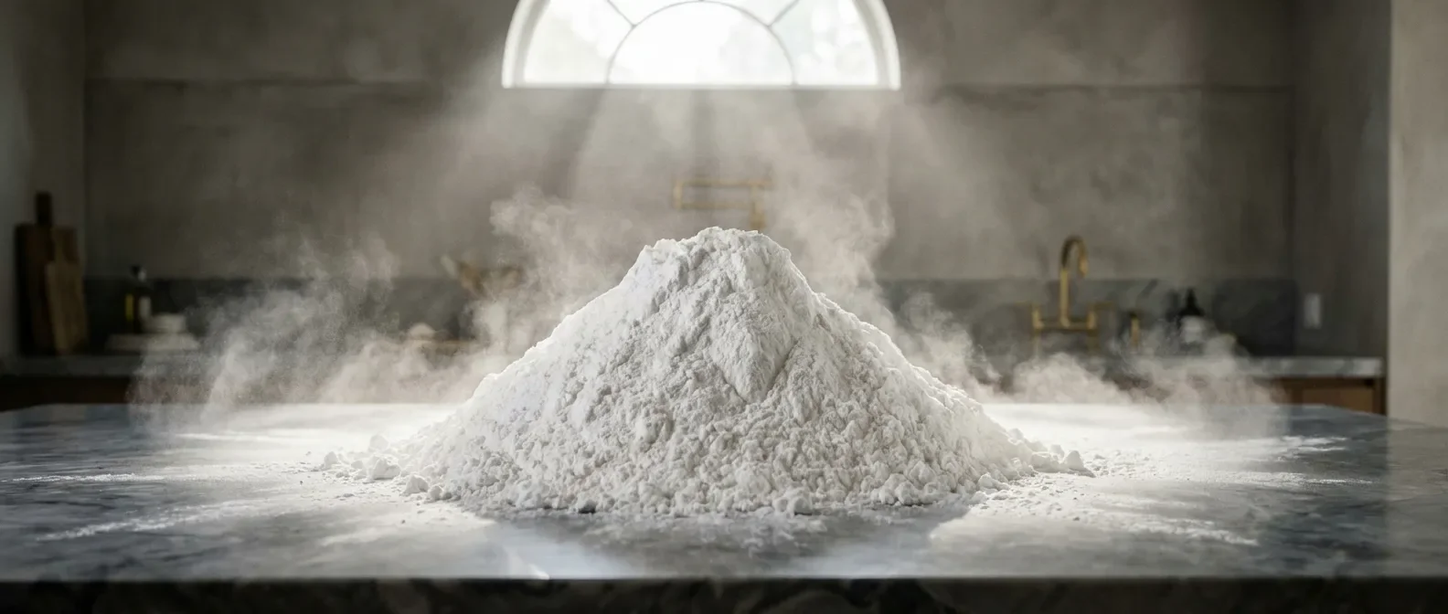 Nuage de sucre glace pur tombant sur une surface en marbre sombre, style magazine de luxe