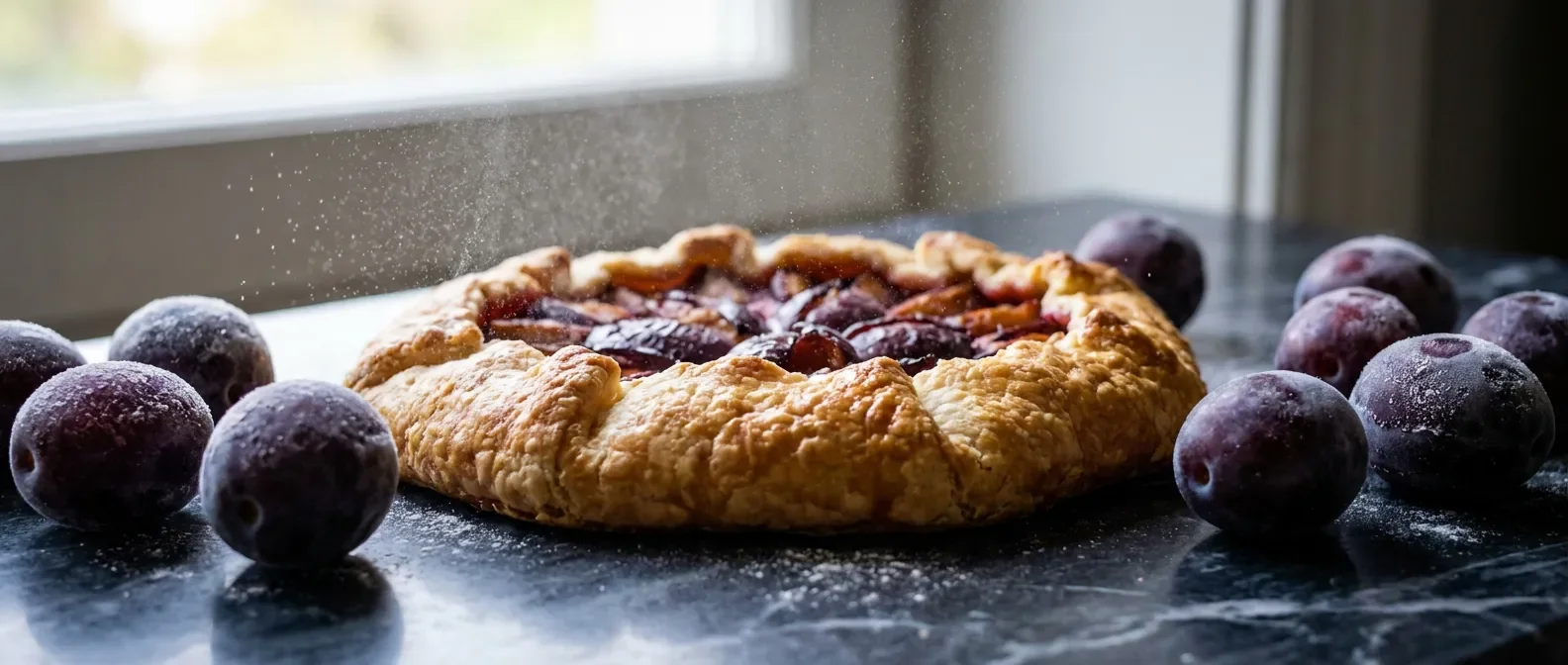 Tarte aux prunes rustique et prunes givrées sur un plan de travail en marbre, style éditorial