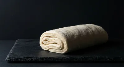 Gros plan iconique d'un rouleau de pâte feuilletée crue sur fond sombre