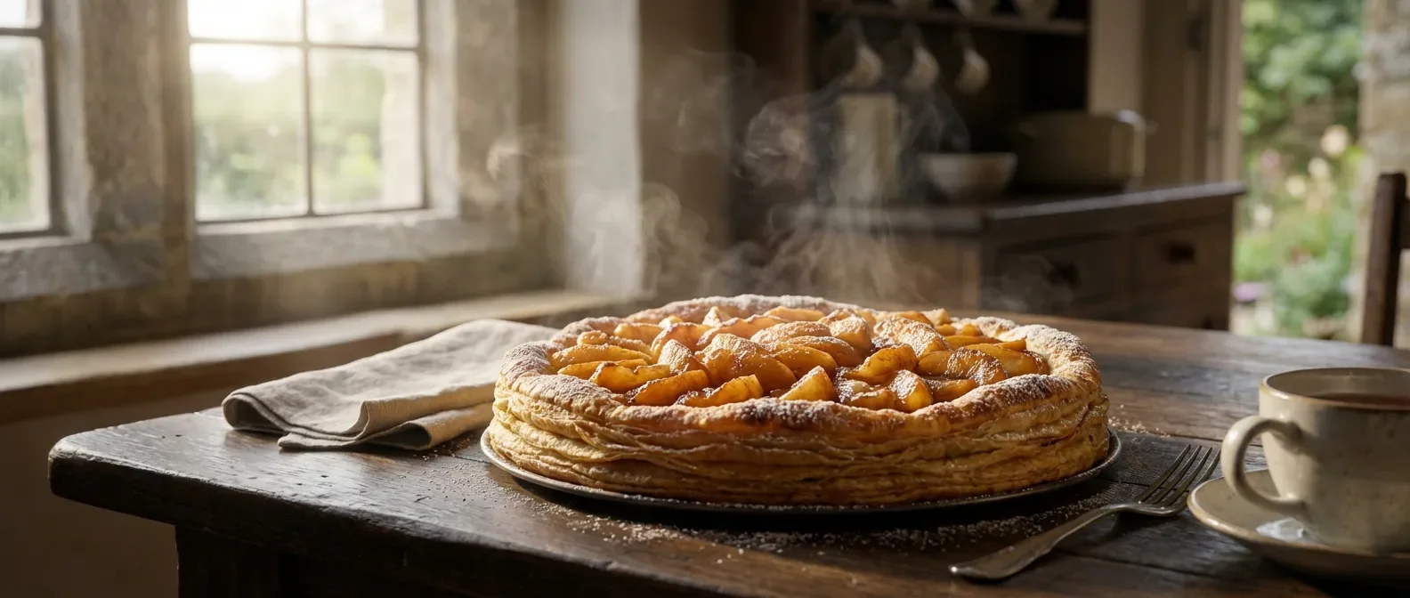 Une tarte en pâte feuilletée dorée et croustillante sur une table rustique en bois