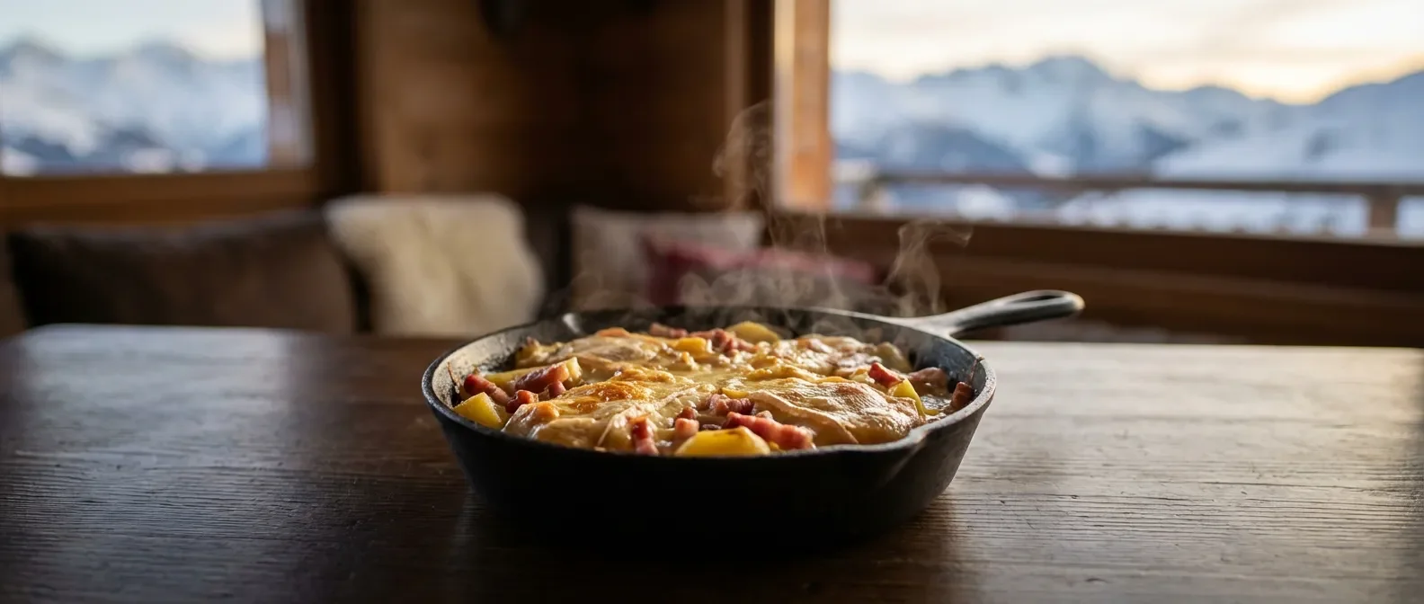 Tartiflette savoyarde traditionnelle gratinée dans un plat en fonte sur une table de chalet