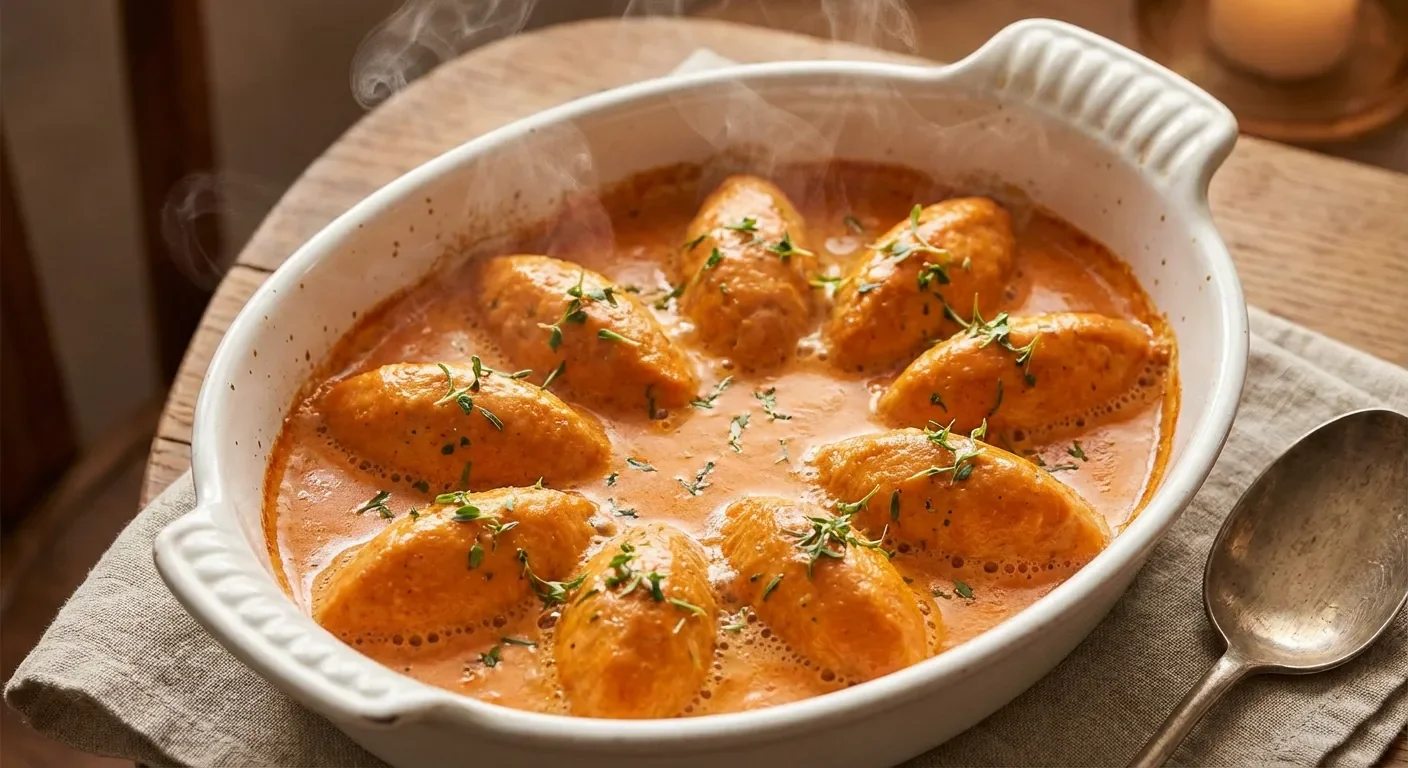 Quenelles gratinées en sauce Nantua fumantes dans un plat en porcelaine.