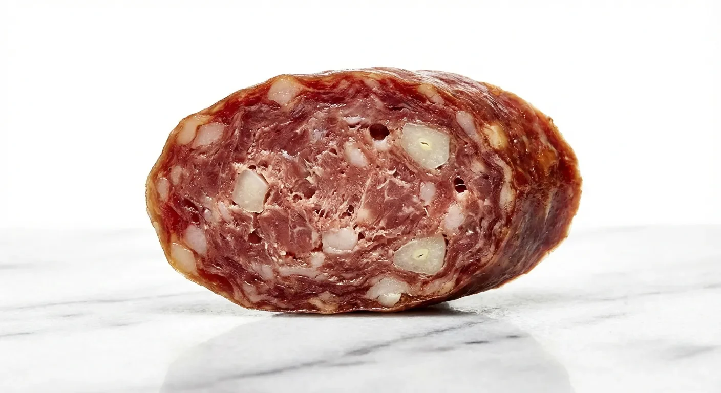 Peut on congeler du saucisson à l'ail ? Guide pratique Gros plan d'une tranche de saucisson à l'ail sur marbre