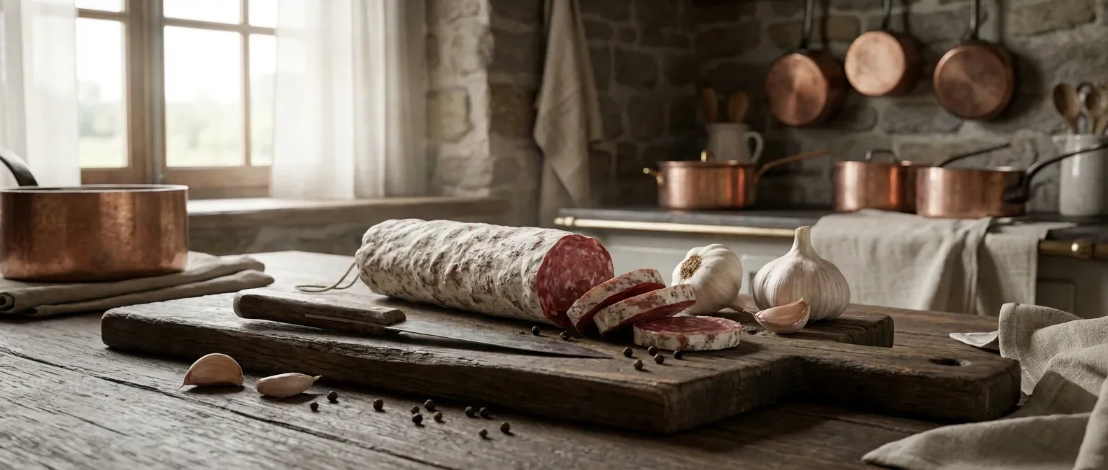L'art de la conservation du saucisson à l'ail Saucisson à l'ail tranché sur une planche en bois sombre avec des gousses d'ail