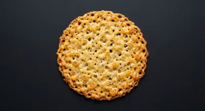 Gros plan minimaliste d'une tuile de parmesan croustillante sur fond sombre