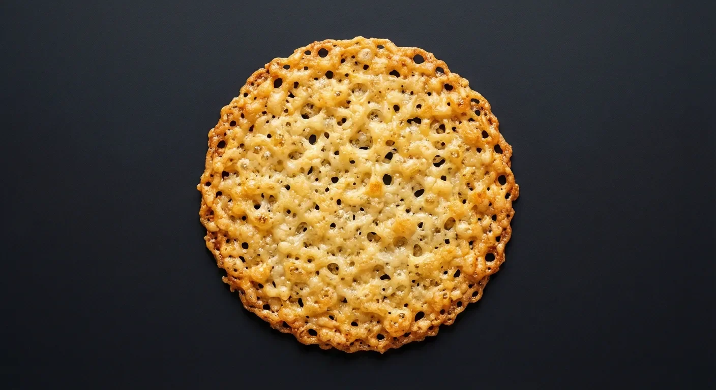 Gros plan minimaliste d'une tuile de parmesan croustillante sur fond sombre