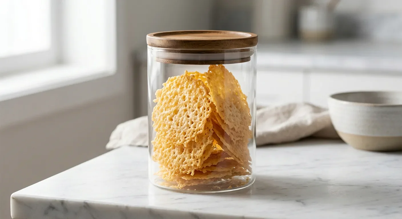 Tuiles au parmesan conservées dans un bocal en verre hermétique sur un plan de travail en marbre