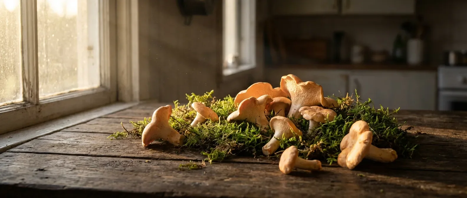 Panier de pieds de mouton frais sur une table en bois rustique avec éclairage cinématique naturel