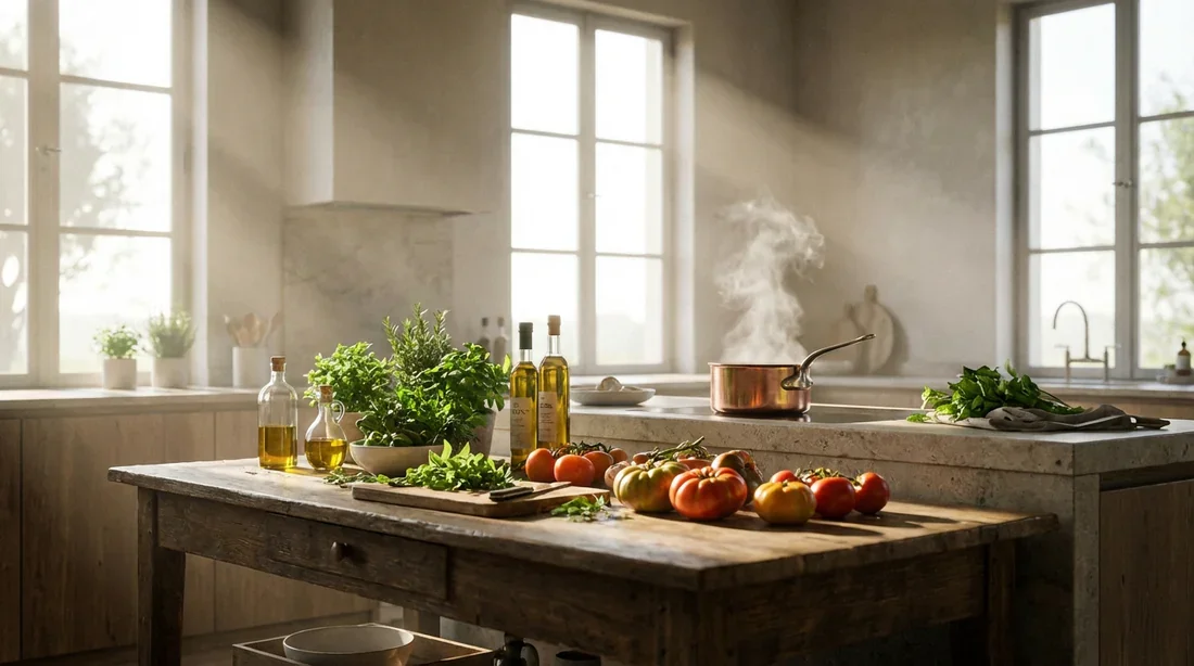 Vue cinématographique d'une cuisine haut de gamme avec des herbes fraîches et de la vapeur s'échappant d'une casserole en cuivre