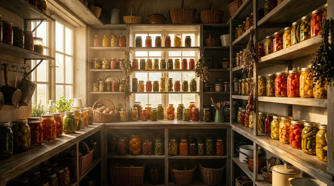 Une réserve rustique élégante avec des bocaux de légumes conservés sous une lumière dorée naturelle.