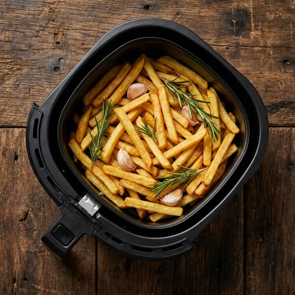 Panier de friteuse à air rempli de frites dorées avec herbes aromatiques.
