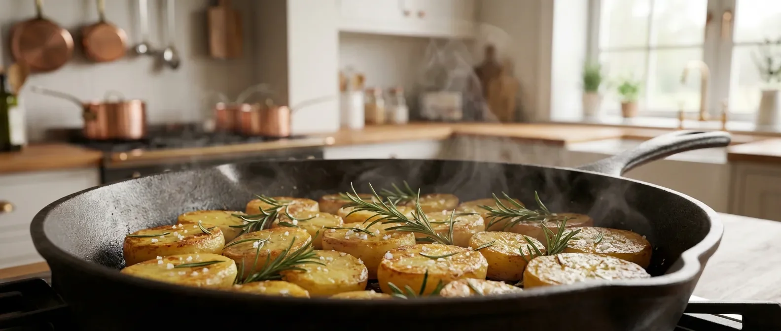 Poêlée de pommes de terre en conserve dorées au romarin dans une cuisine haut de gamme
