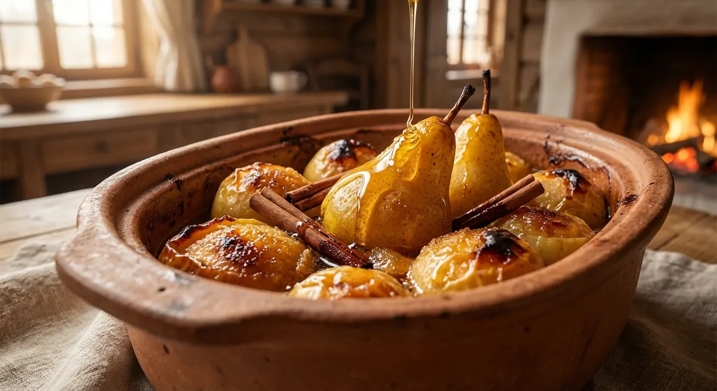 Dessert gourmand aux fruits rôtis en plat à baeckeoffe Fruits rôtis et caramélisés présentés dans un plat en terre cuite