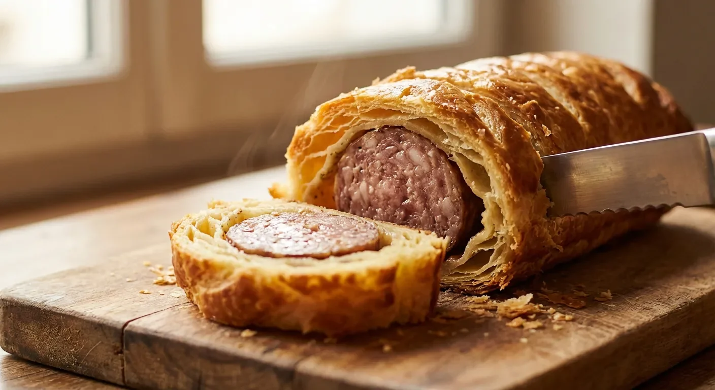 Coupe transversale d'un saucisson brioché doré et croustillant