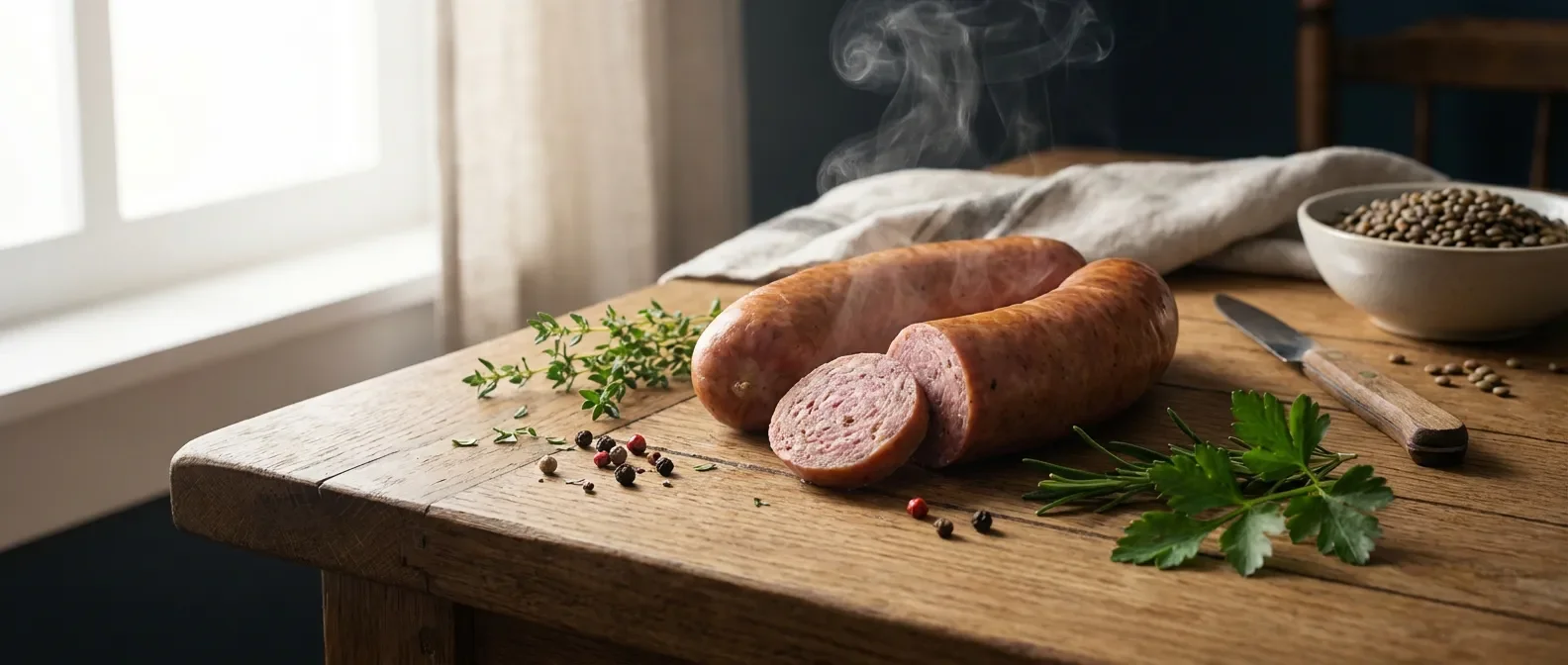 Saucisson à cuire fumant sur une table en bois rustique, style photographie culinaire de magazine