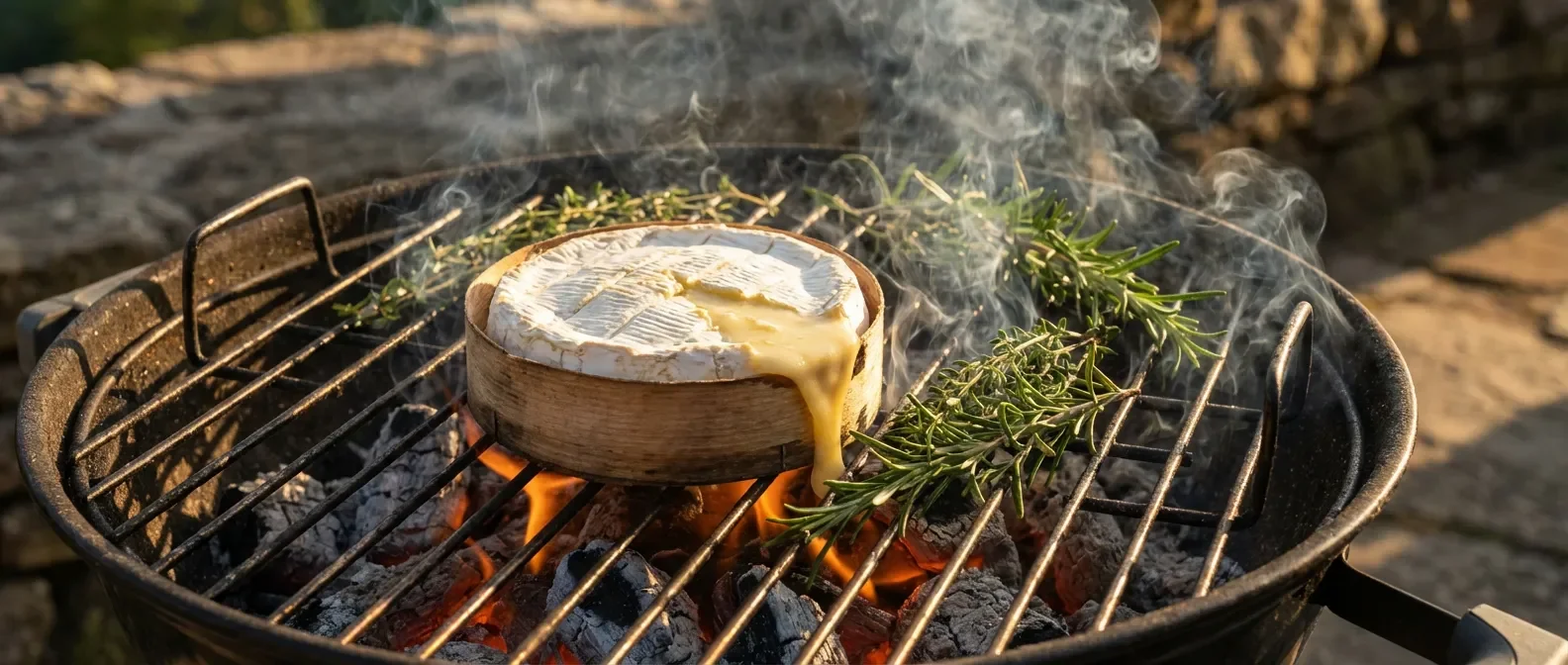 Camembert fondant coulant sur une grille de barbecue avec braises ardentes