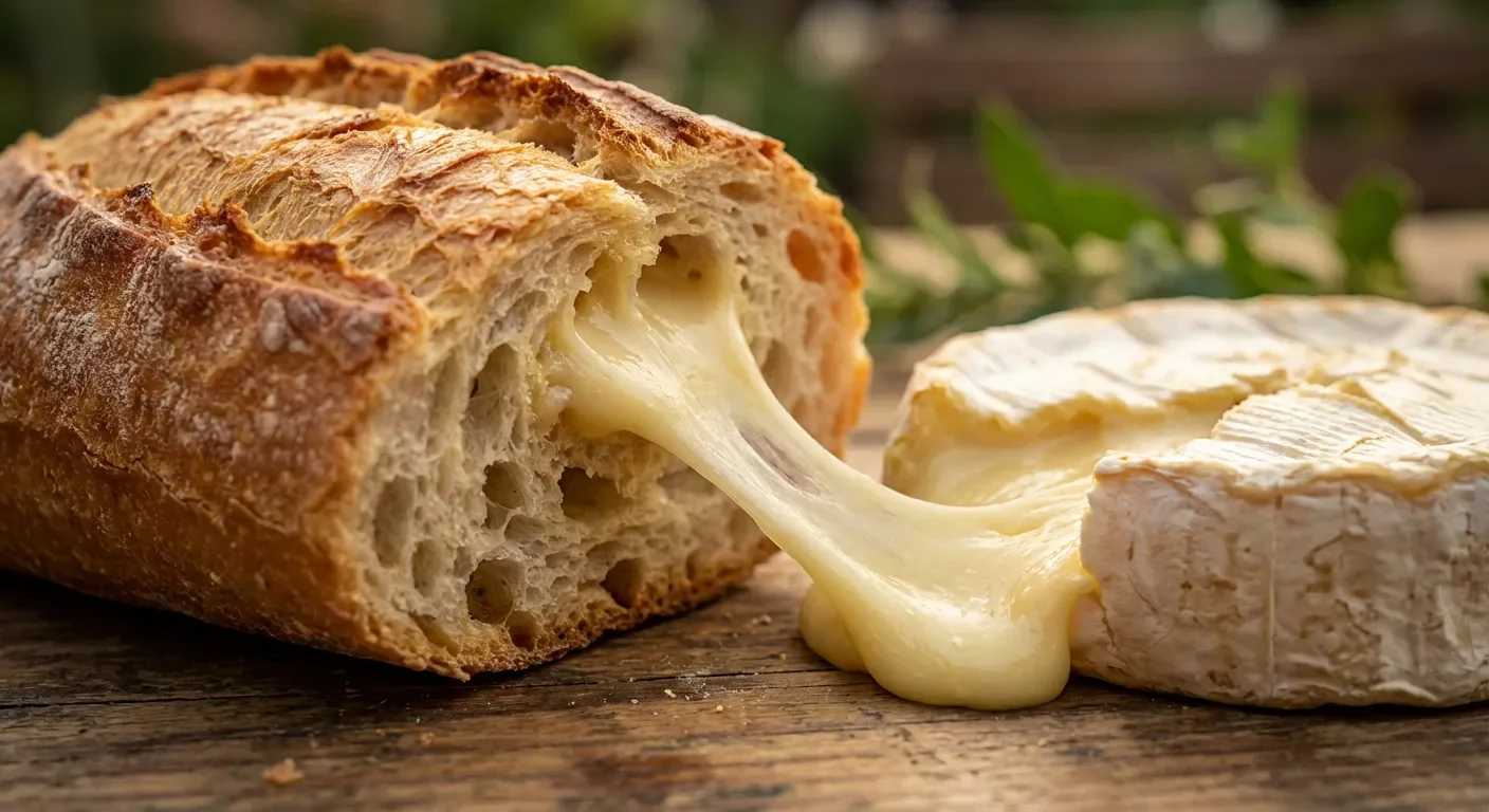 Pain artisanal plongé dans le cœur fondant d'un camembert