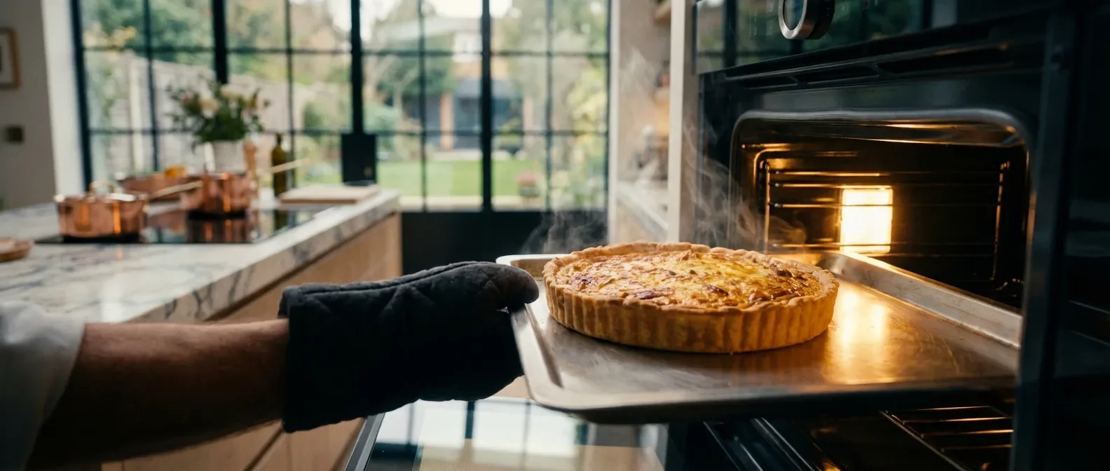 Une quiche lorraine dorée et fumante sortant d'un four moderne, style éditorial