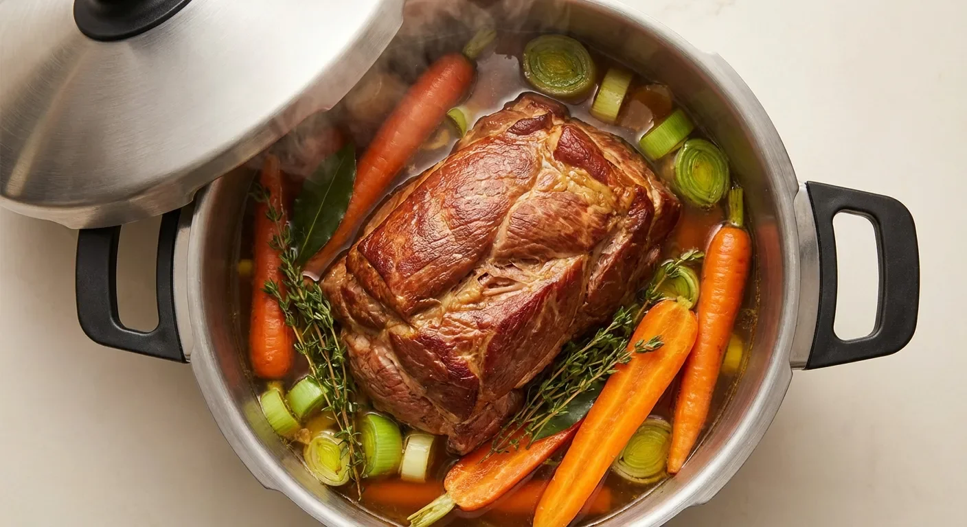 Palette fumée aux légumes cuisinée dans une cocotte minute moderne.