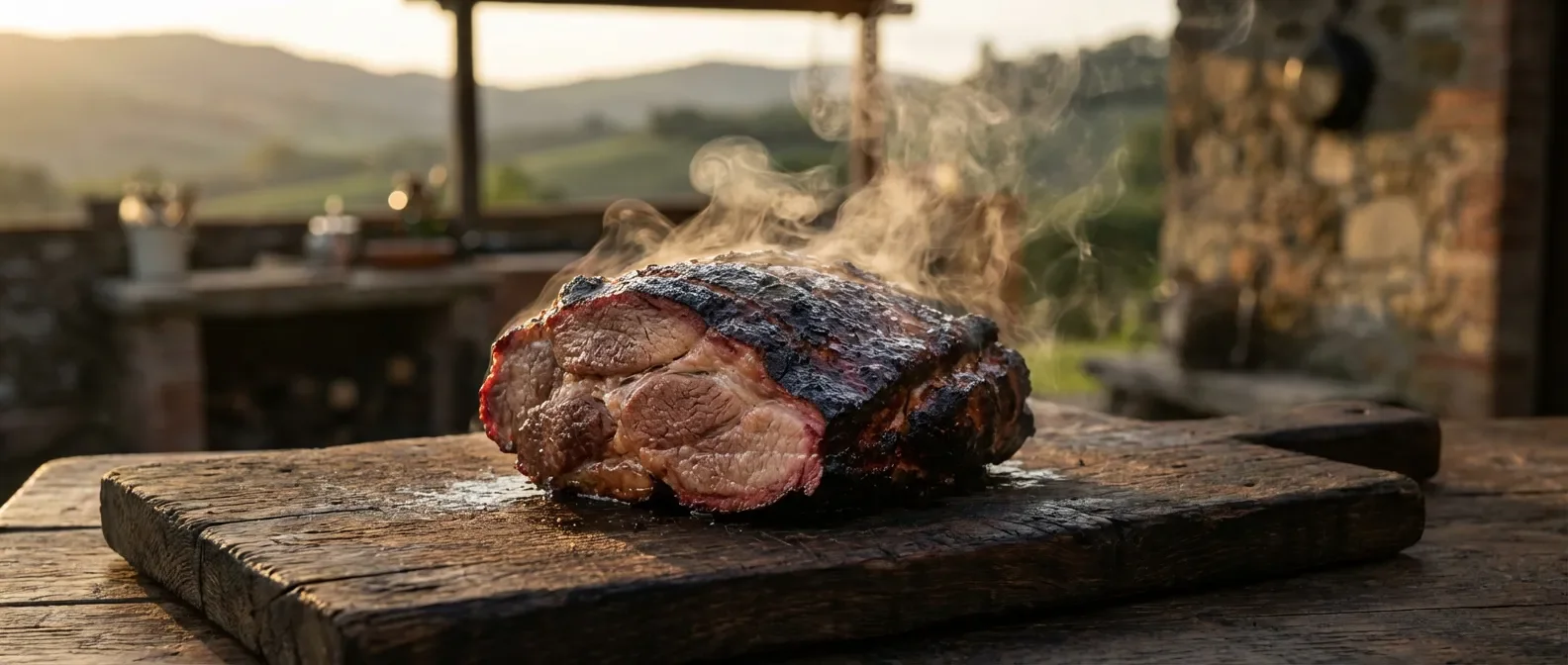 Une palette fumée appétissante et fumante présentée de façon cinématographique sur un plateau en bois.