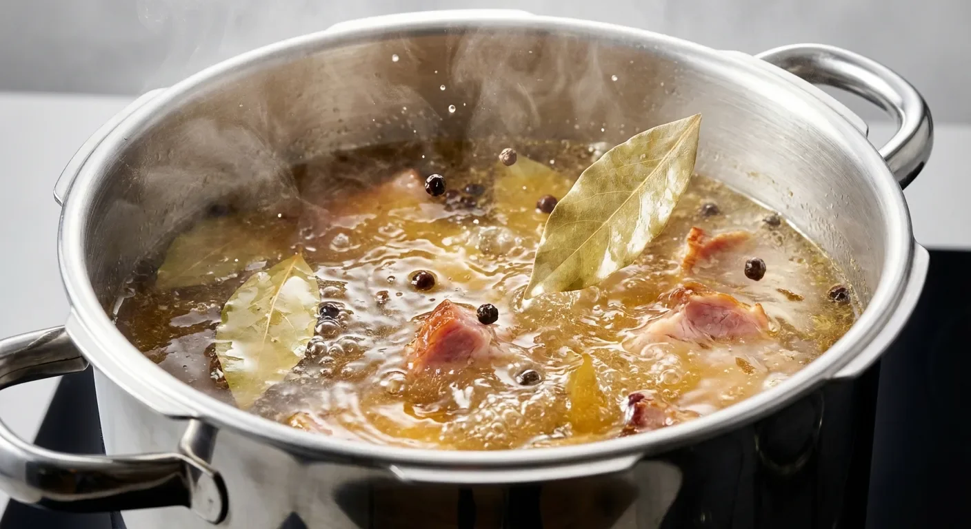 Bouillon aromatique bouillonnant dans une cocotte minute avec herbes et épices.