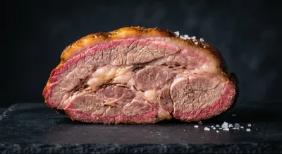 Gros plan iconique d'une tranche de palette fumée sur fond noir.