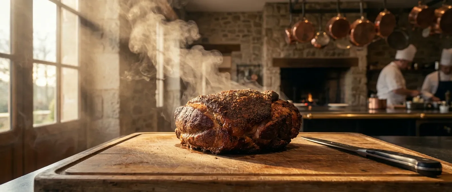 Palette de porc fumée fumante et dorée sur une planche en bois dans une cuisine de luxe.