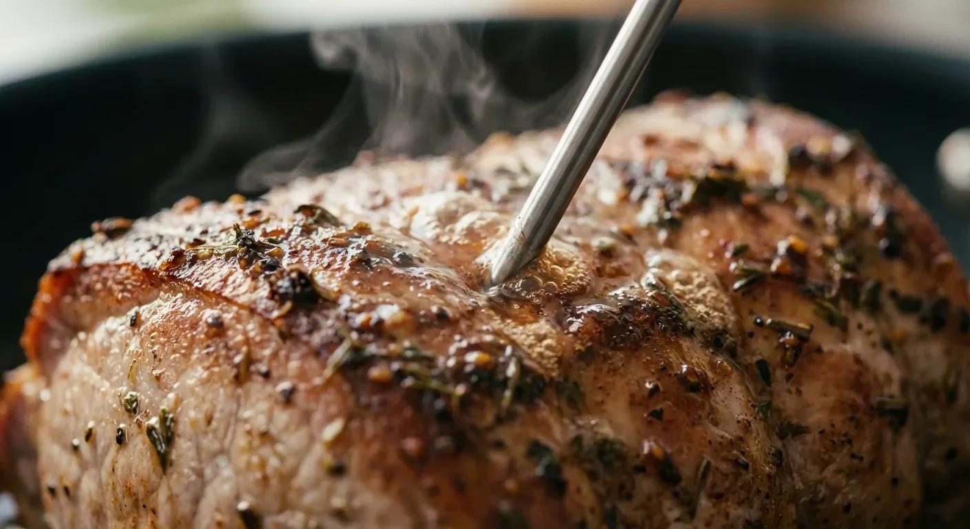 Thermomètre à viande inséré dans un rôti de porc pour vérifier la température à cœur